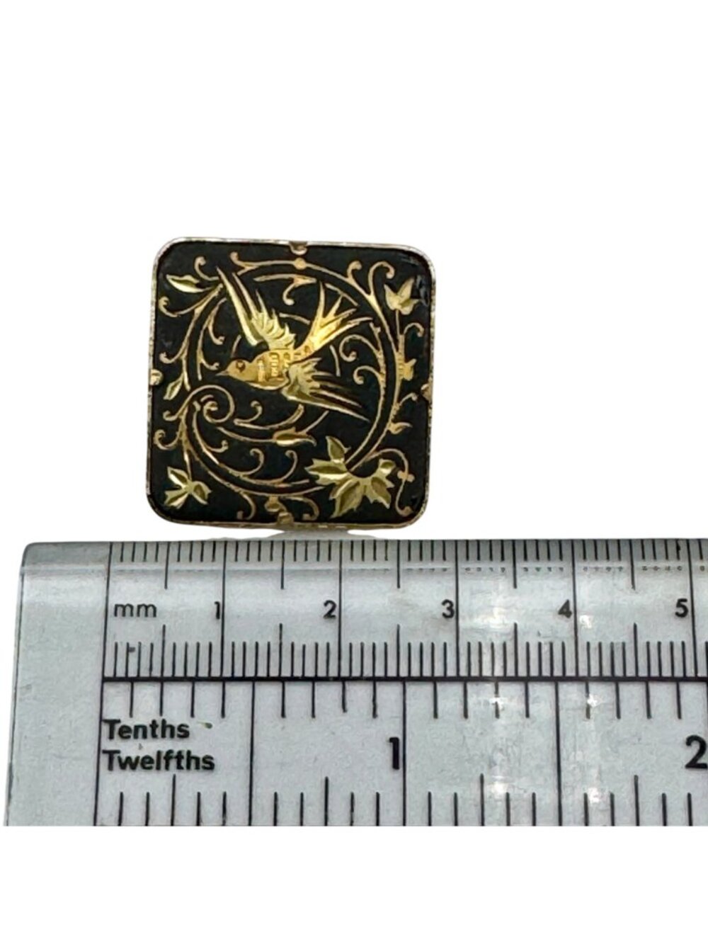 Vintage Damascene Bird Brooch Scatter Pin 1" Floral Vines Black Gold Cottagecore - Picture 5 of 7